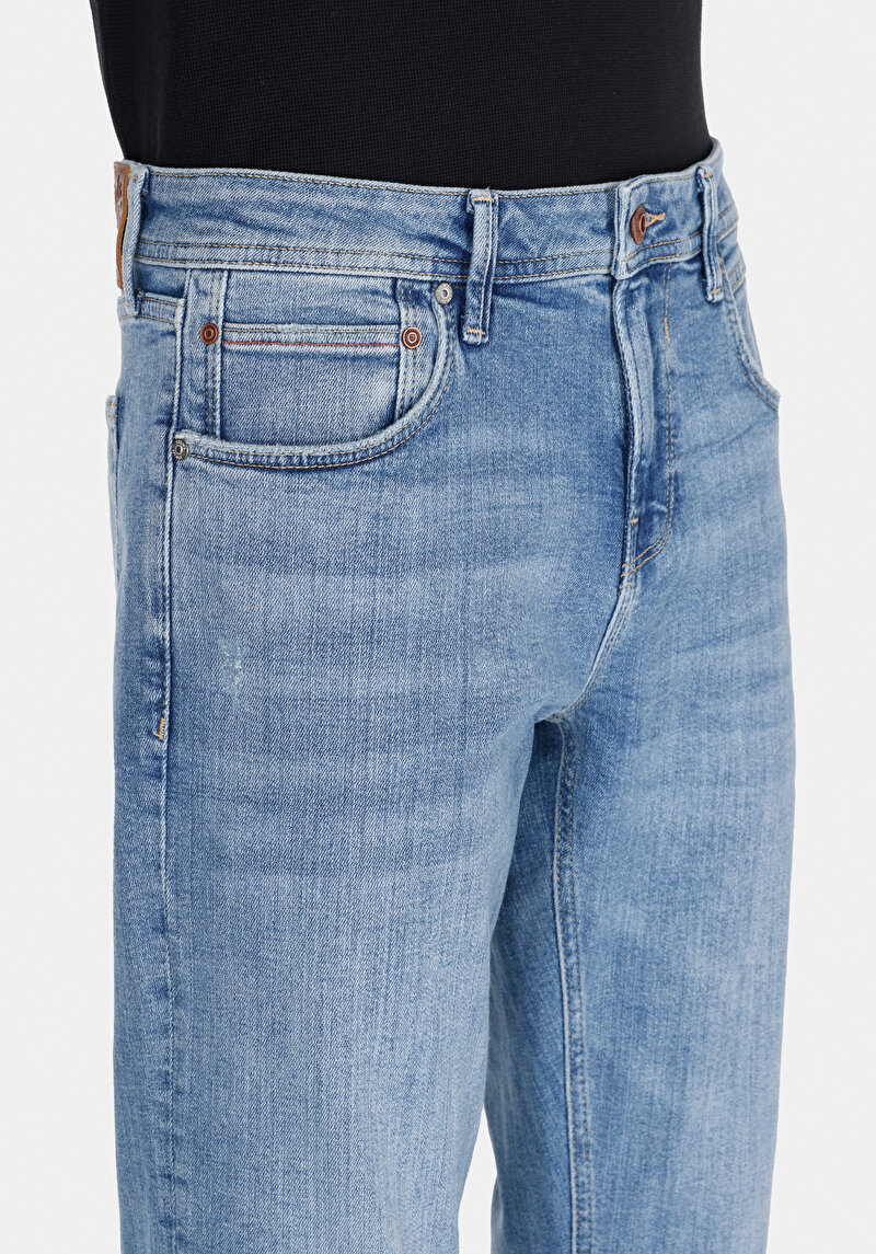 Straight Fit Düşük Bel Düz Paça Erkek Mid İndigo Denim Jean Pantolon