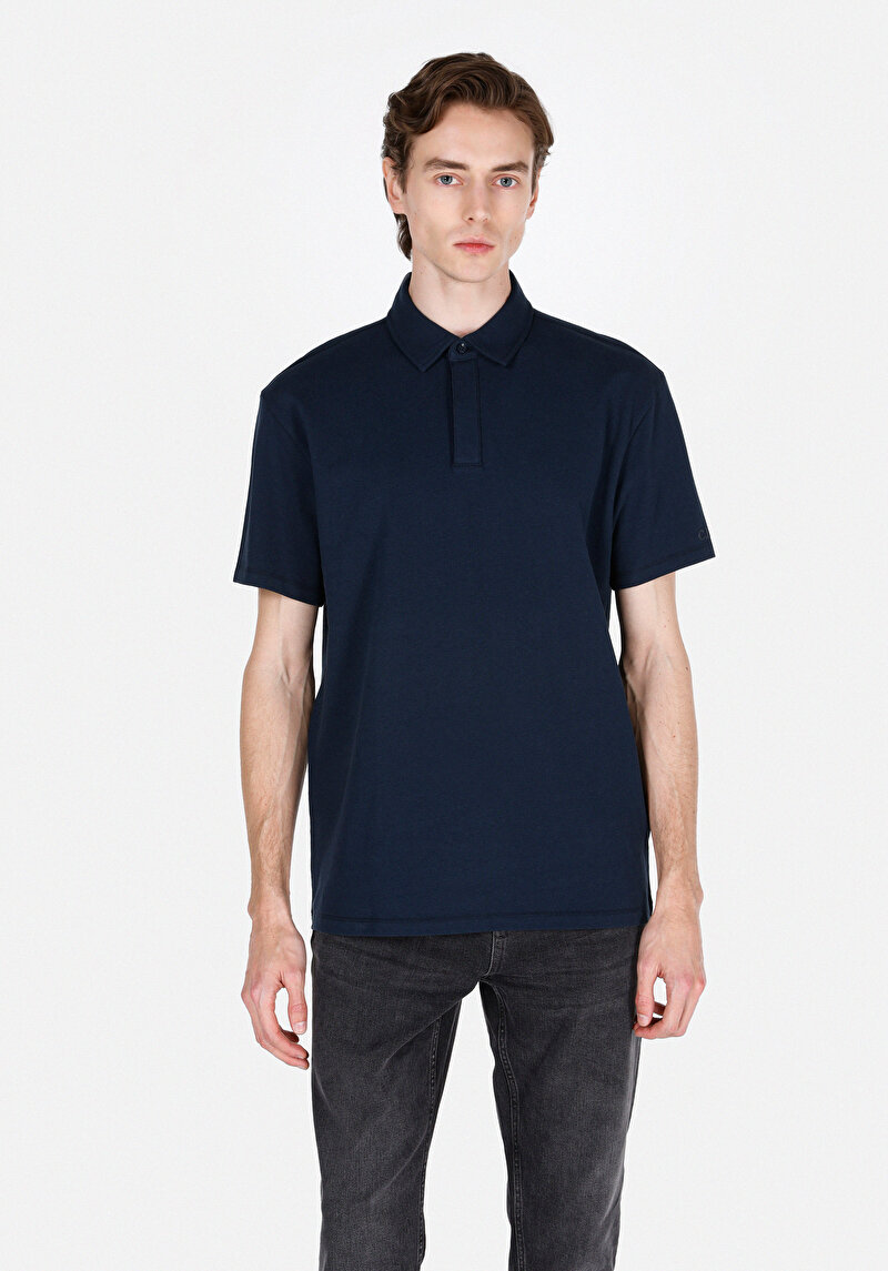 Comfort Fit Polo Yaka Düz Erkek Lacivert Kısa Kol Tişört