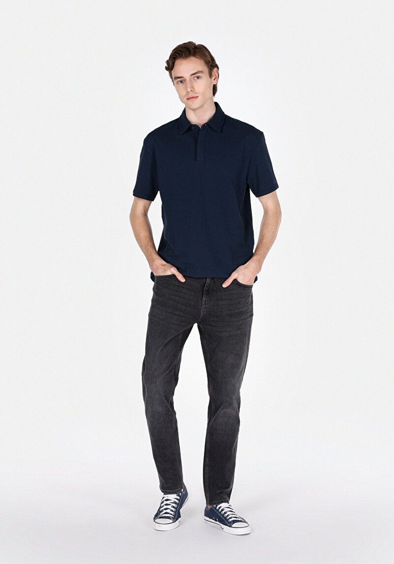 Comfort Fit Polo Yaka Düz Erkek Lacivert Kısa Kol Tişört