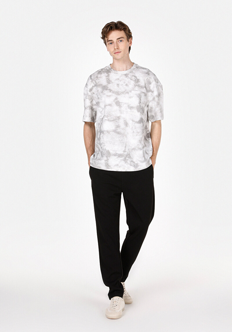 Oversize Fit Yuvarlak Yaka Baskılı Erkek Gri Kısa Kol Tişört