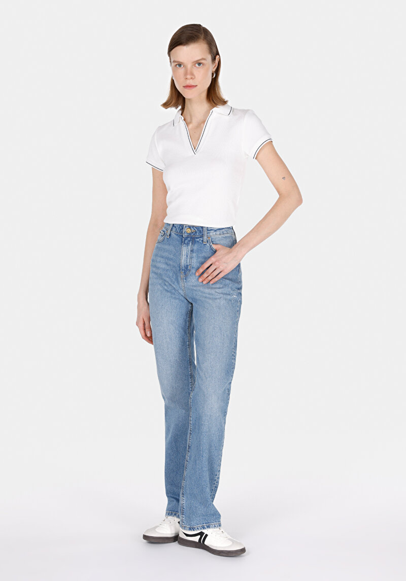 Regular Fit   Kadın Mid İndigo Denim Jean Pantolon