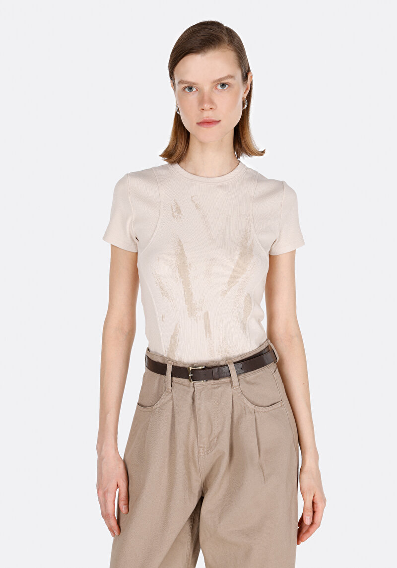 Slim Fit Kadın Bej Kısa Kol Tişört