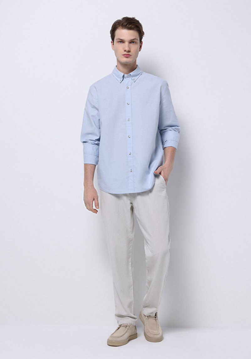 Regular Fit Shirt Neck Düz Erkek Mavi Uzun Kol Gömlek