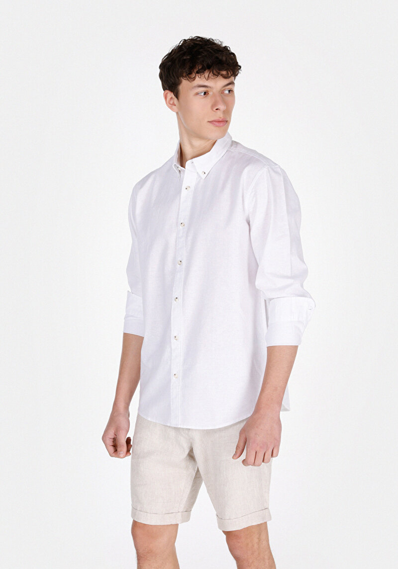 Regular Fit Shirt Neck Düz Erkek Beyaz Uzun Kol Gömlek