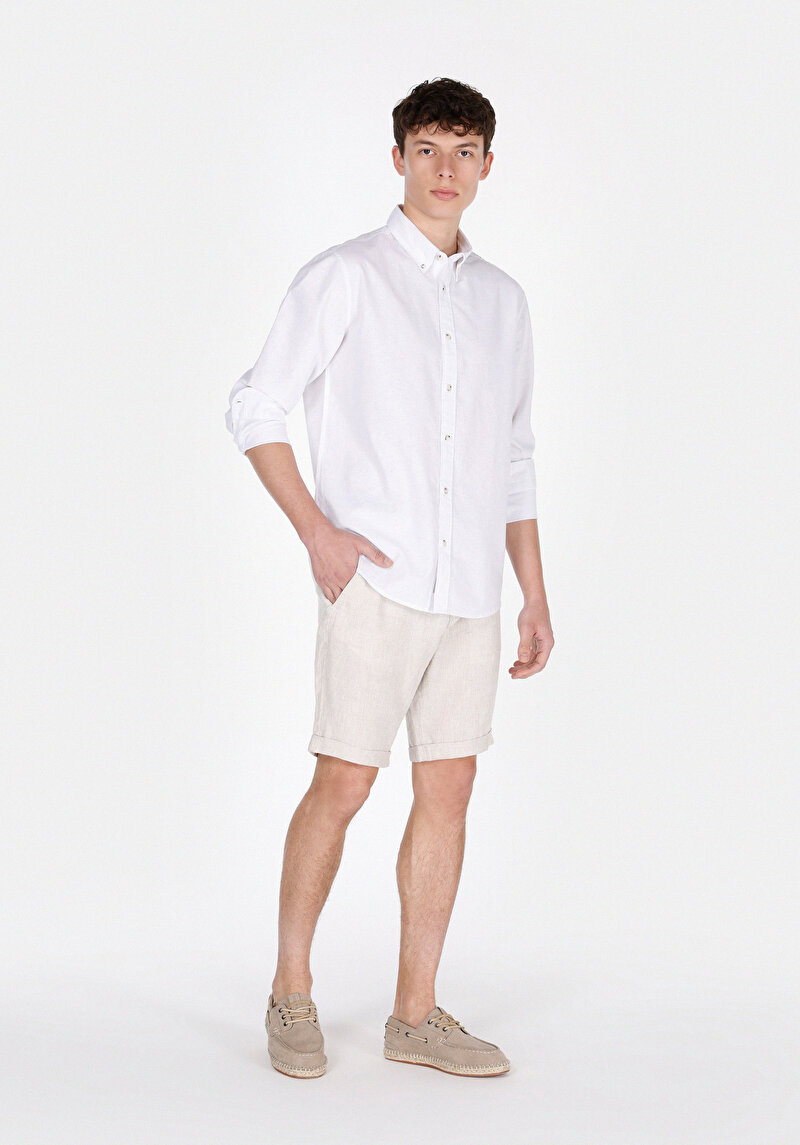 Regular Fit Shirt Neck Düz Erkek Beyaz Uzun Kol Gömlek