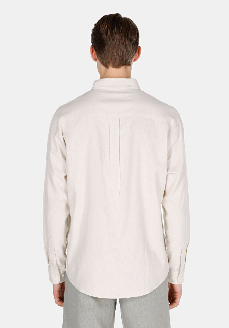Relax Fit Shirt Neck Düz Erkek Bej Uzun Kol Gömlek