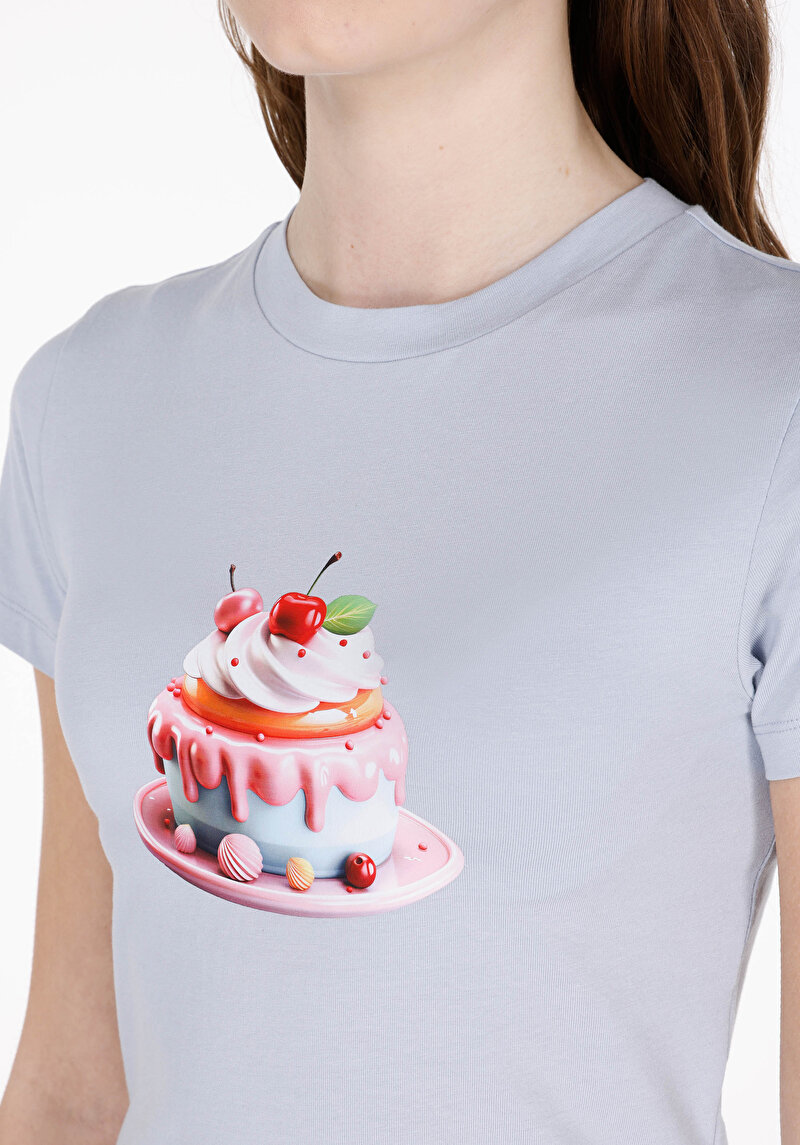 Slim Fit Yuvarlak Yaka Baskılı Kadın Mavi Kısa Kol Tişört