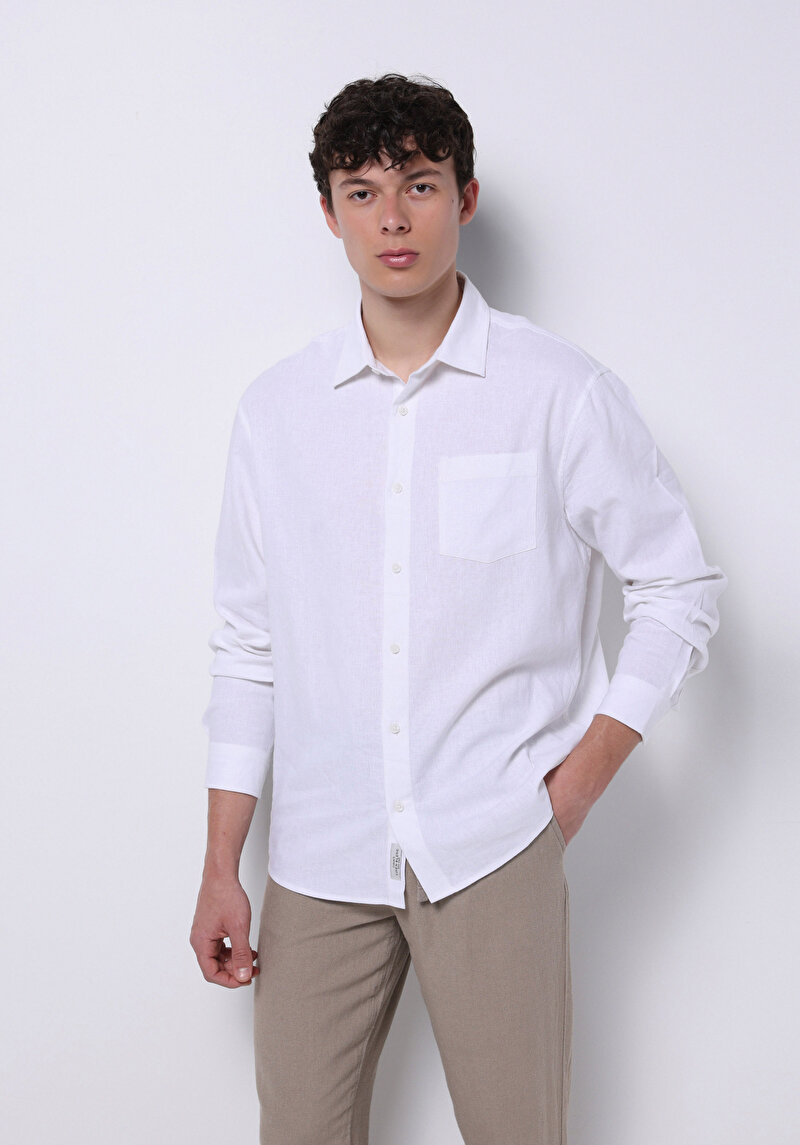 Relax Fit Shirt Neck Düz Erkek Beyaz Uzun Kol Gömlek