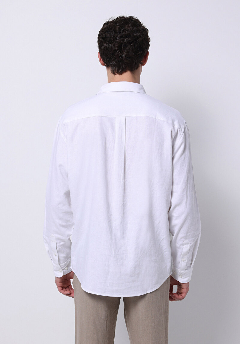 Relax Fit Shirt Neck Düz Erkek Beyaz Uzun Kol Gömlek