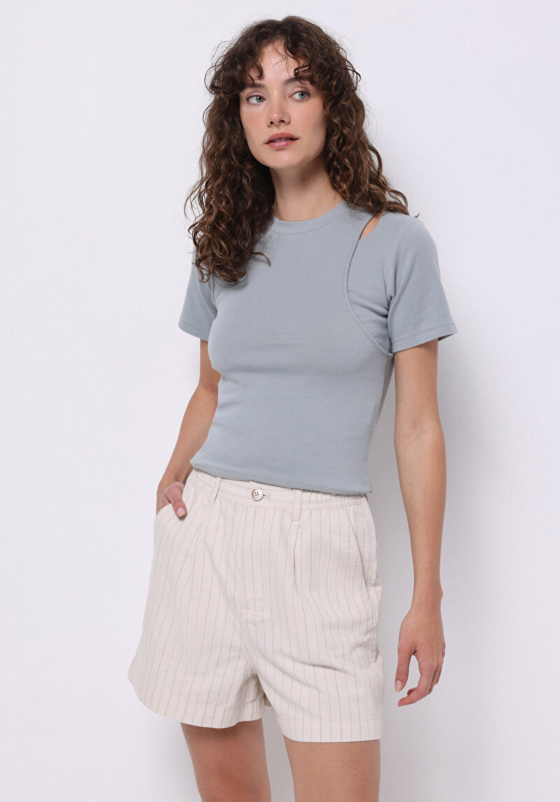 Slim Fit Yuvarlak Yaka Düz Kadın Yeşil Kısa Kol Tişört