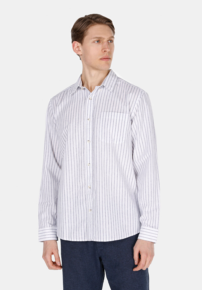 Regular Fit Shirt Neck Çizgili Erkek Lacivert Uzun Kol Gömlek