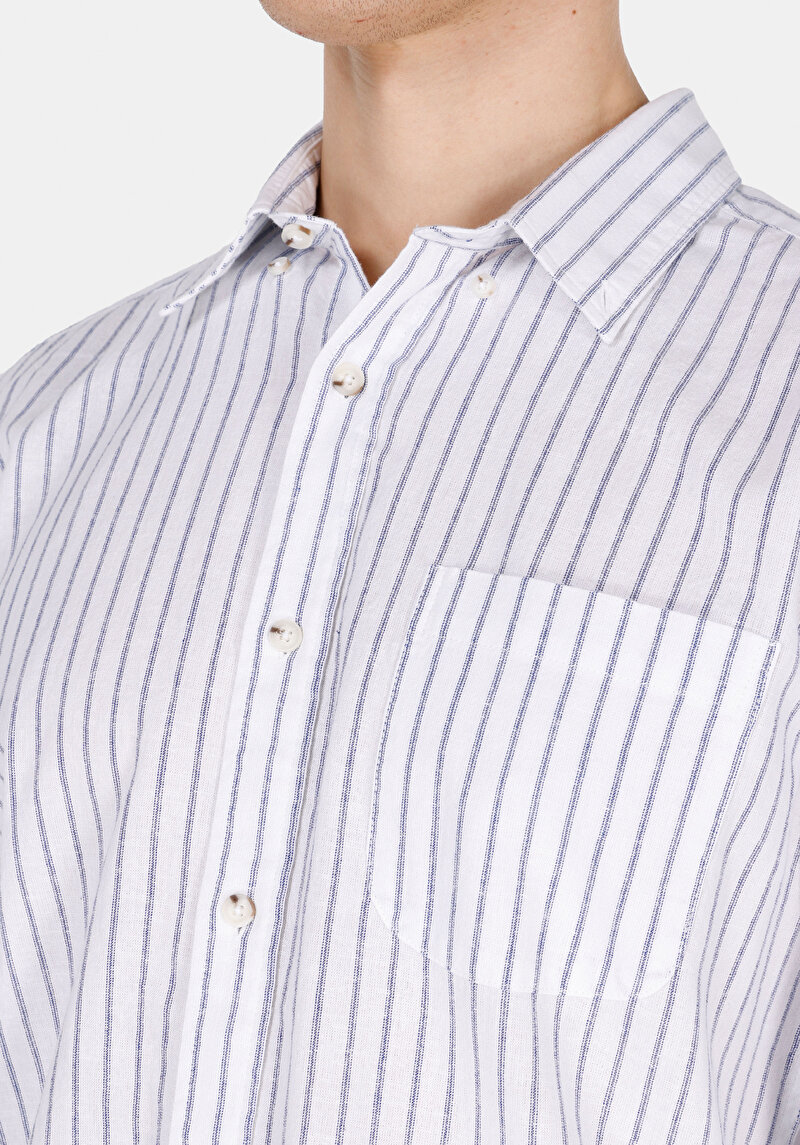 Regular Fit Shirt Neck Çizgili Erkek Lacivert Uzun Kol Gömlek