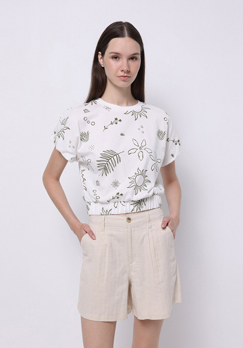 Regular Fit Yuvarlak Yaka Baskılı Kadın Beyaz Kısa Kol Tişört