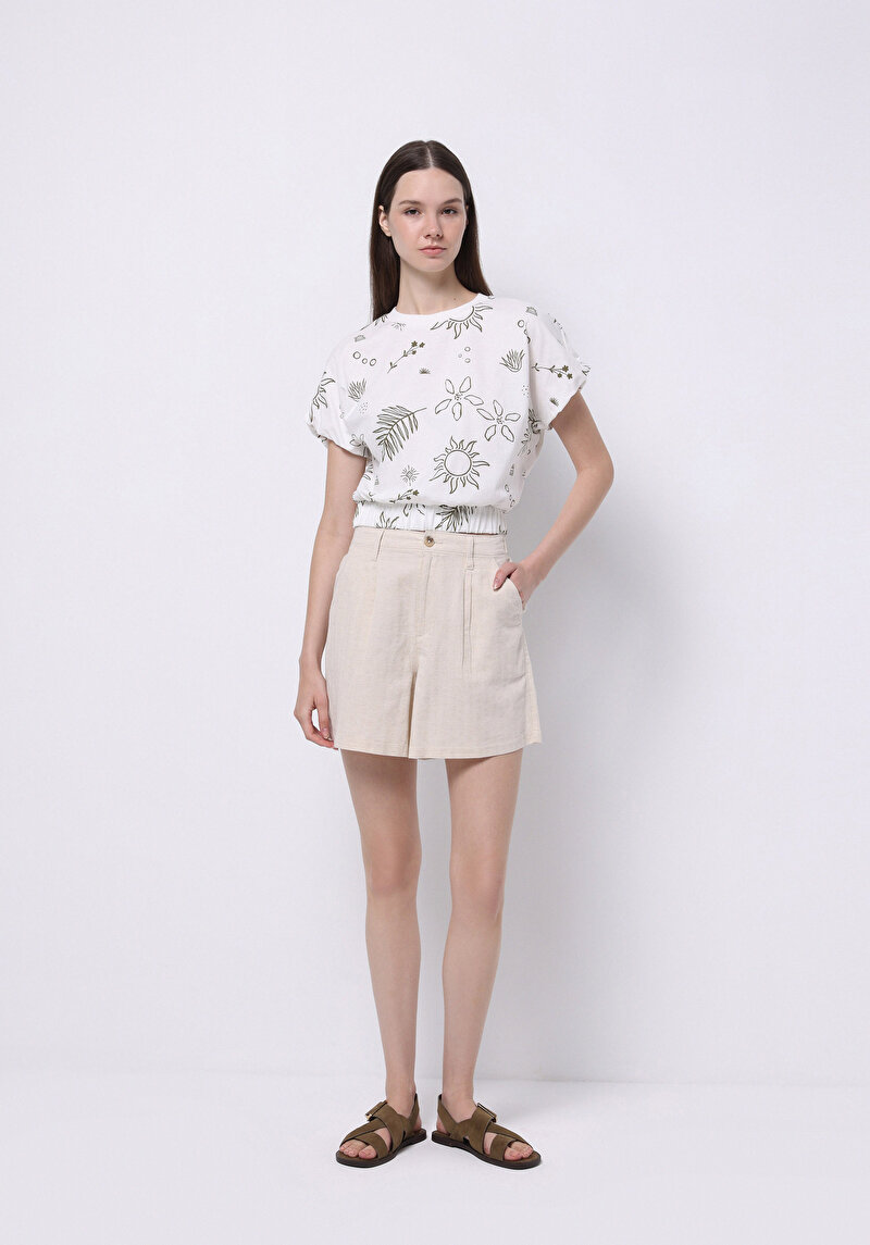 Regular Fit Yuvarlak Yaka Baskılı Kadın Beyaz Kısa Kol Tişört