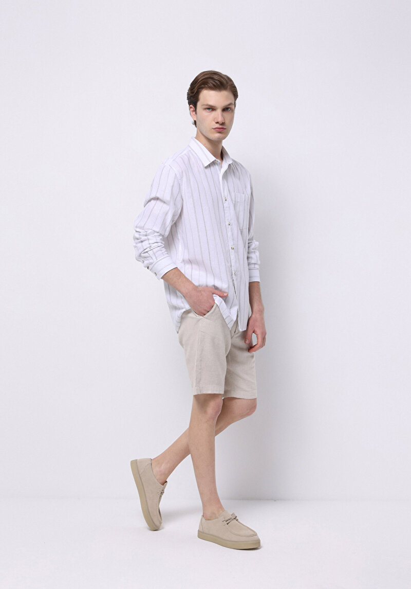 Regular Fit Orta Bel Düz Erkek Bej Şort