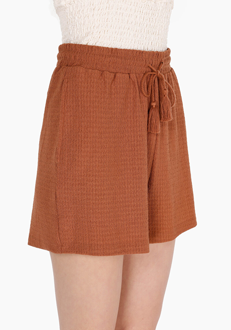 Regular Fit Orta Bel Jakarlı Kadın Kahverengi Şort