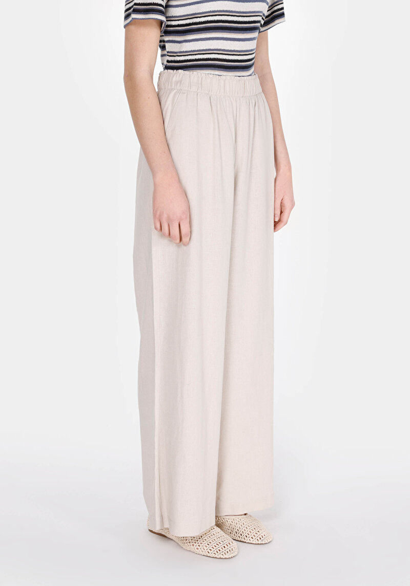 Regular Fit Yüksel Bel Geniş Paça Kadın Bej  Pantolon