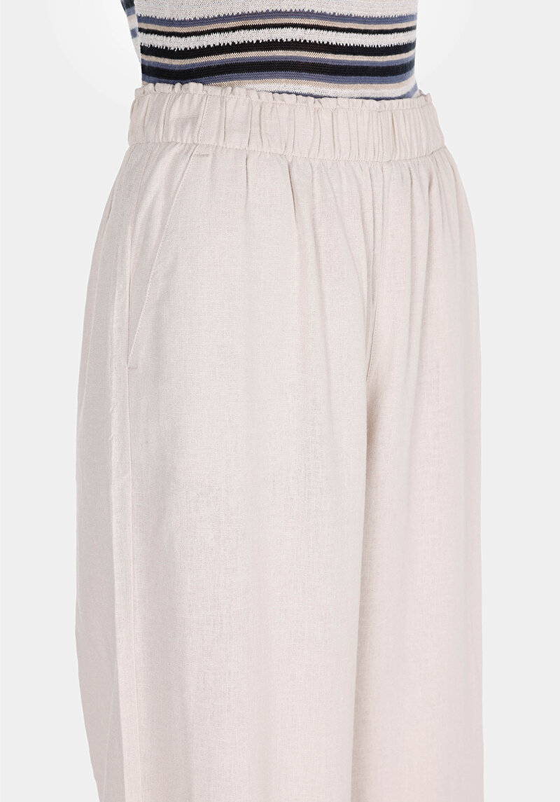 Regular Fit Yüksel Bel Geniş Paça Kadın Bej  Pantolon