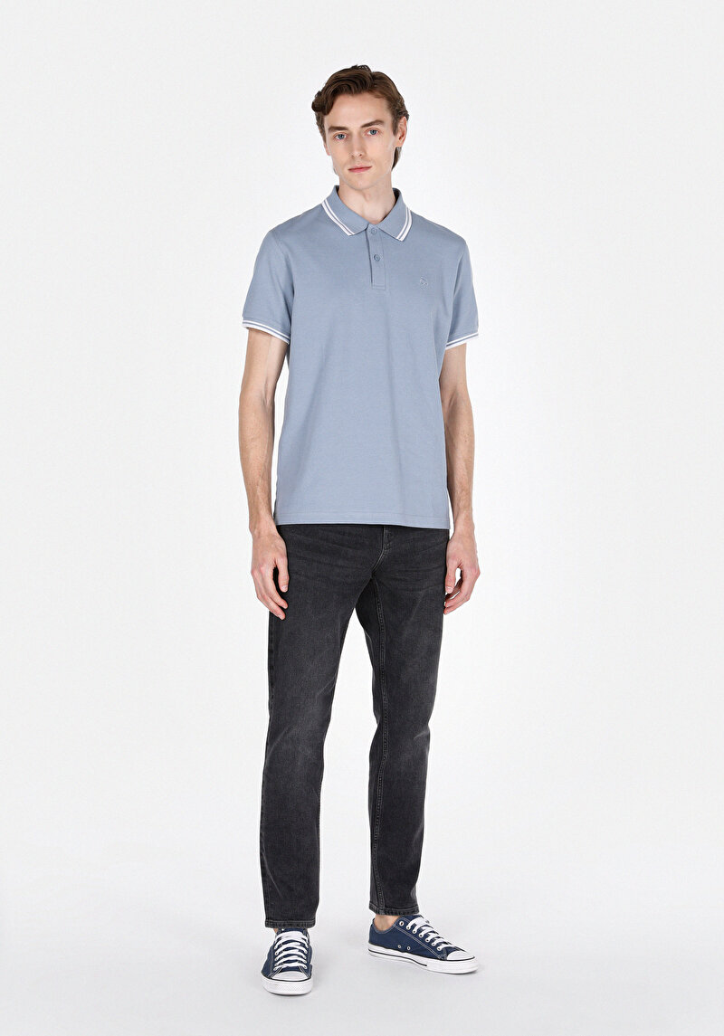 Regular Fit Polo Yaka Düz Erkek Mavi Kısa Kol Tişört