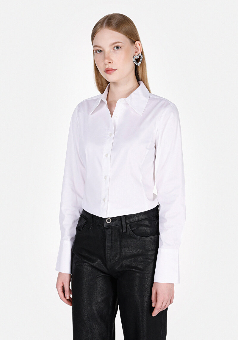 Slim Fit Shirt Neck Düz Kadın Beyaz Uzun Kol Gömlek