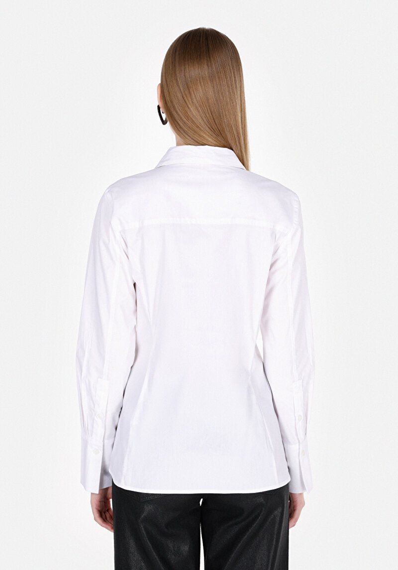 Slim Fit Shirt Neck Düz Kadın Beyaz Uzun Kol Gömlek
