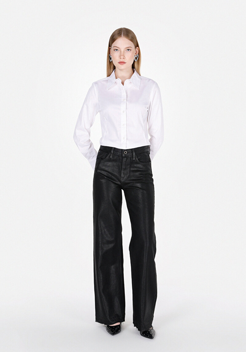 Slim Fit Shirt Neck Düz Kadın Beyaz Uzun Kol Gömlek