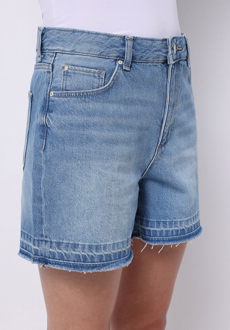 Mom Fit Yüksel Bel Düz Kadın Mid İndigo Denim Jean Şort