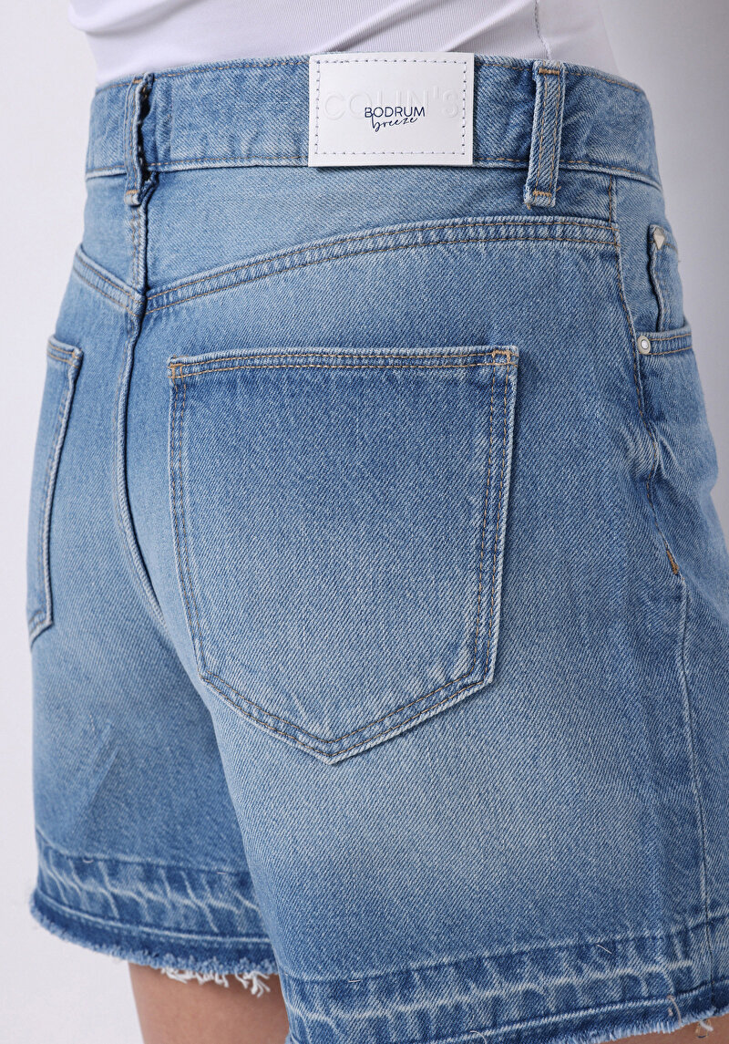 Mom Fit Yüksel Bel Düz Kadın Mid İndigo Denim Jean Şort