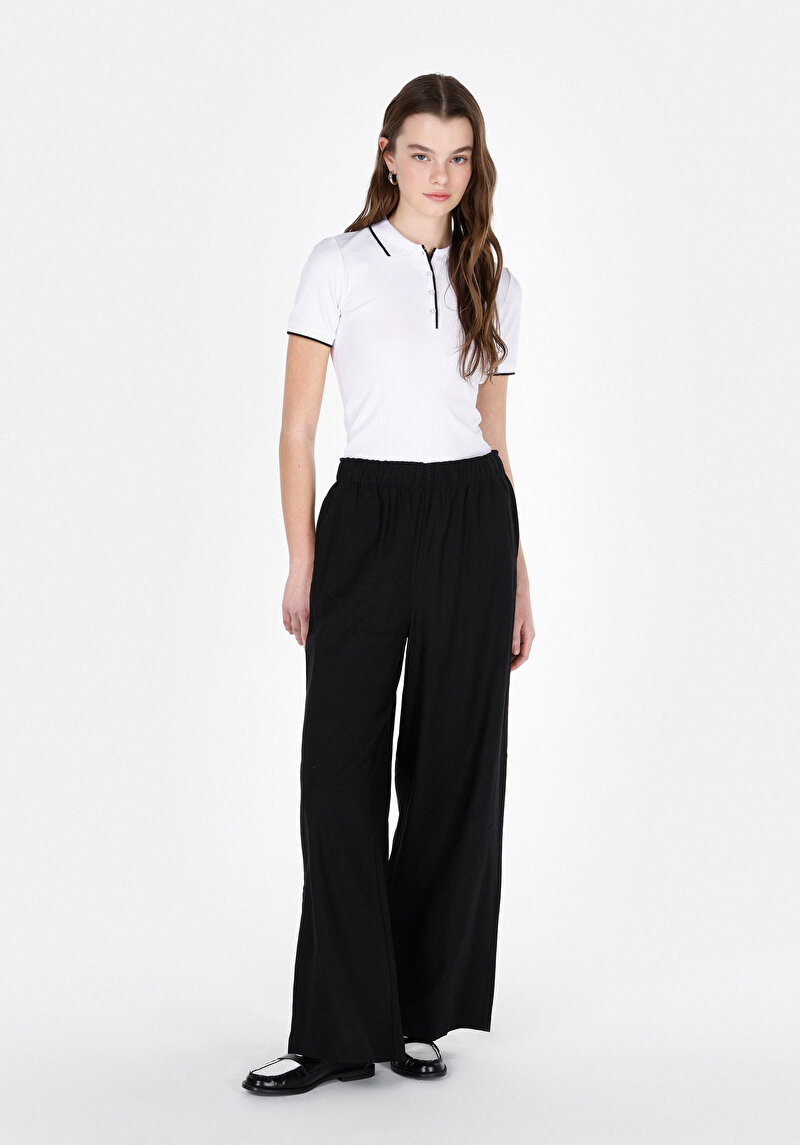 Regular Fit Yüksel Bel Geniş Paça Kadın Siyah Pantolon