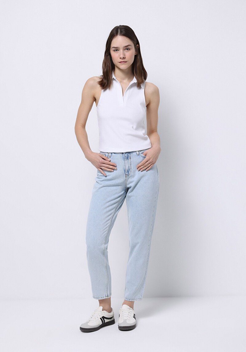 Mom Fit Kadın Bleach İndigo Denim Jean Pantolon