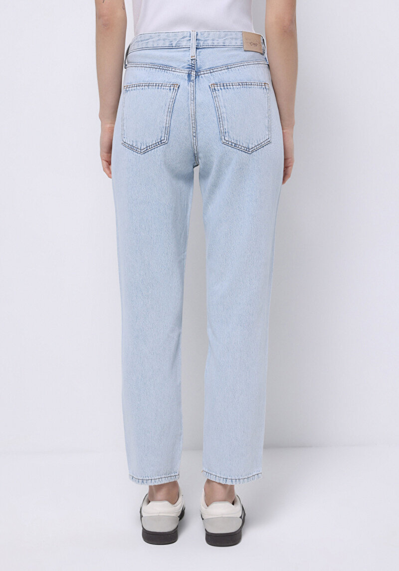 Mom Fit   Kadın Bleach İndigo Denim Jean Pantolon