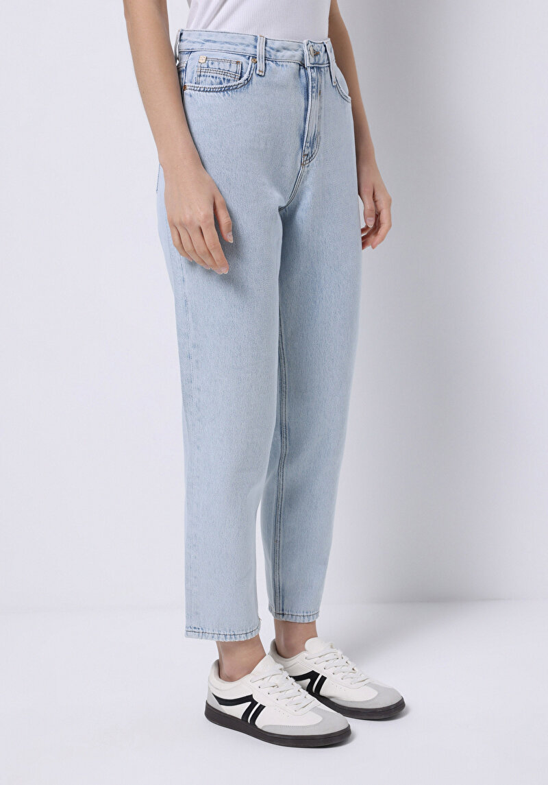 Mom Fit Kadın Bleach İndigo Denim Jean Pantolon