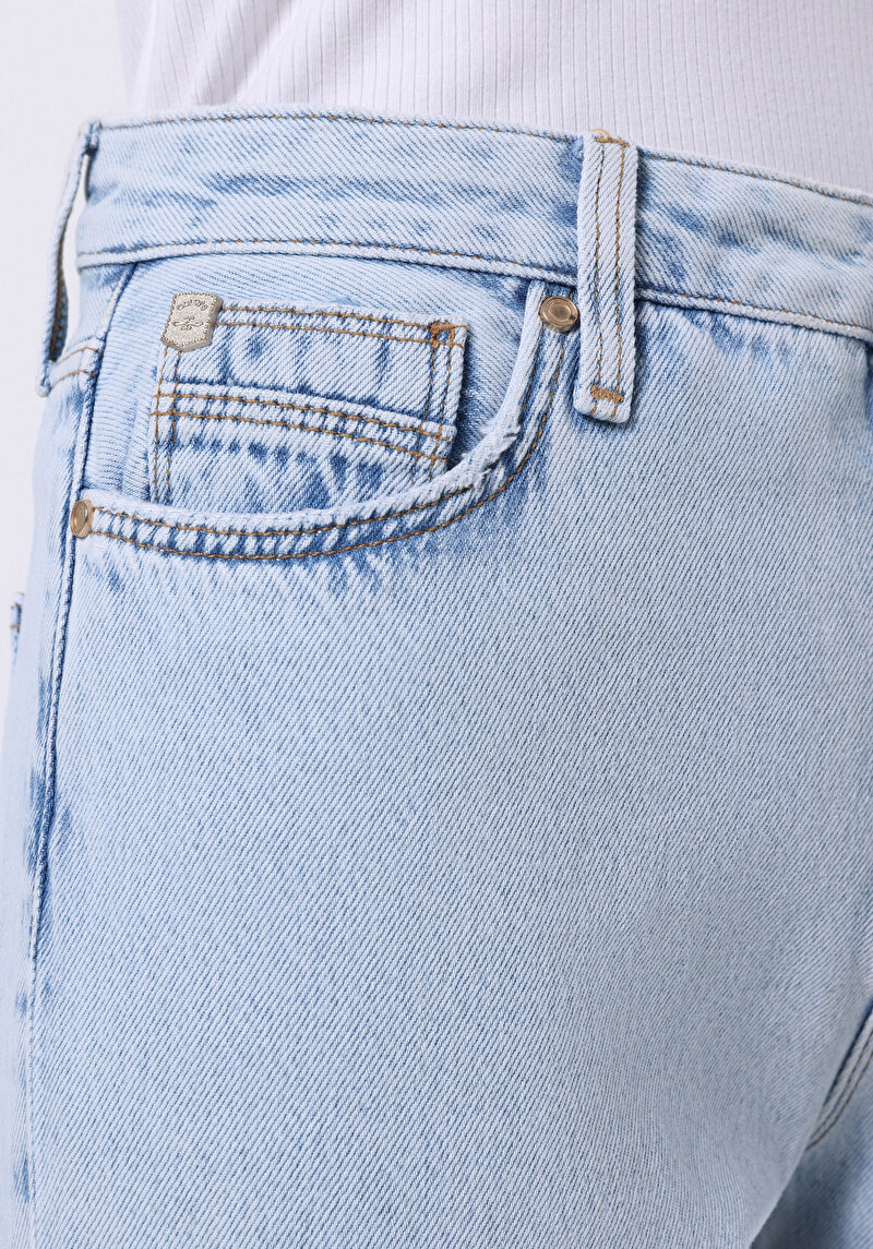 Mom Fit   Kadın Bleach İndigo Denim Jean Pantolon