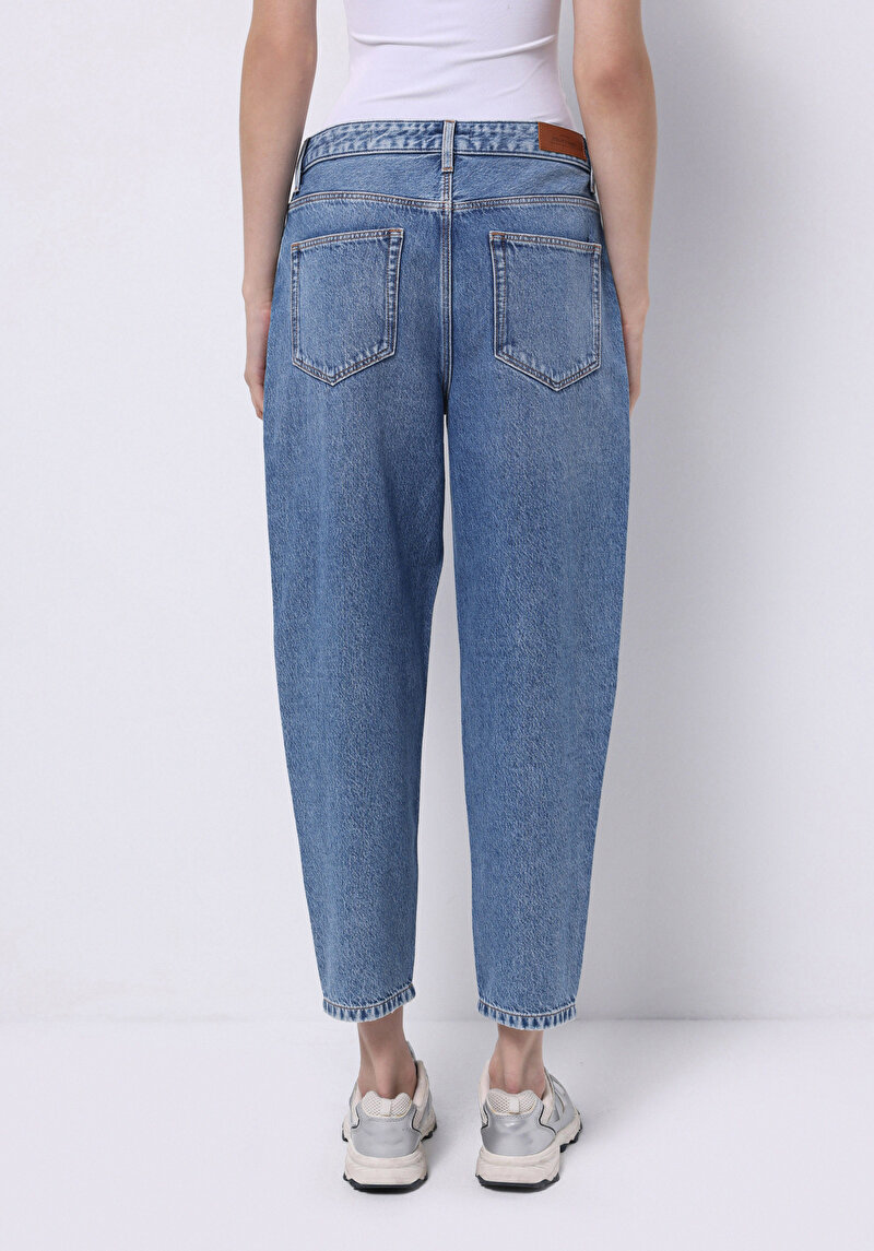 Barrel Fit Orta Bel Daralan Paça Kadın Mid İndigo Denim Jean Pantolon