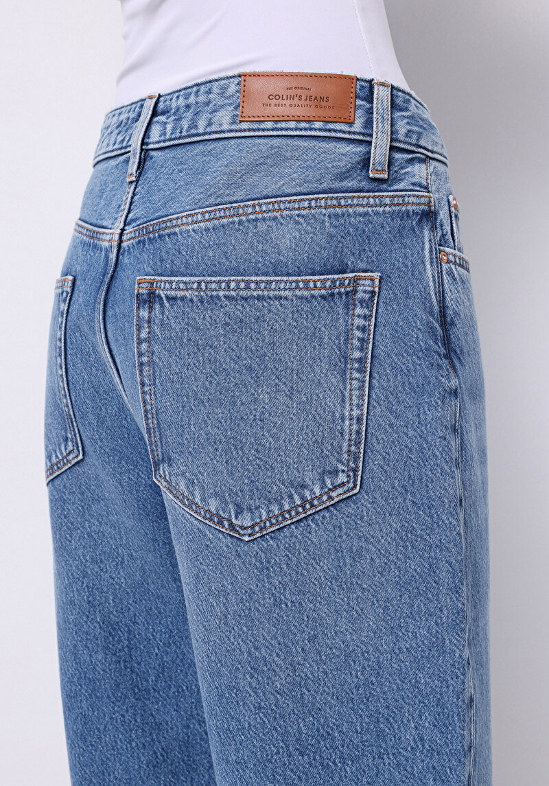 Barrel Fit Orta Bel Daralan Paça Kadın Mid İndigo Denim Jean Pantolon