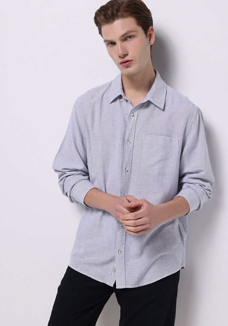 Regular Fit Shirt Neck Çizgili Erkek Lacivert Uzun Kol Gömlek