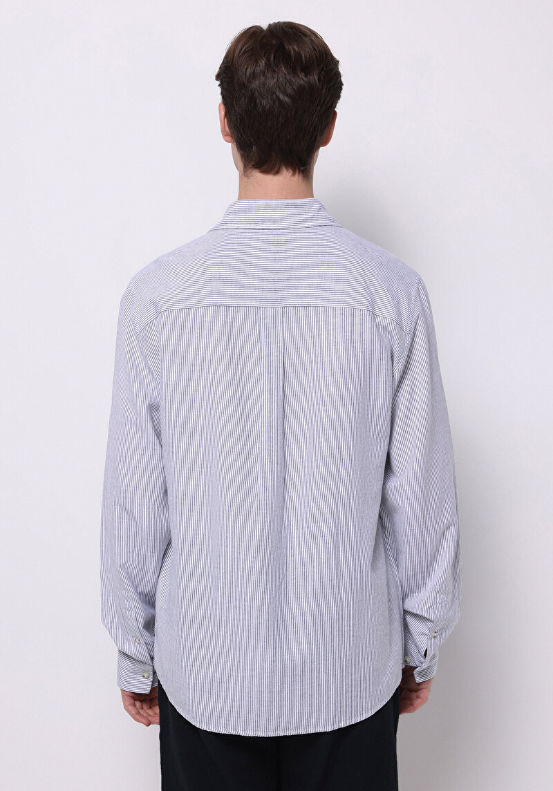 Regular Fit Shirt Neck Çizgili Erkek Lacivert Uzun Kol Gömlek