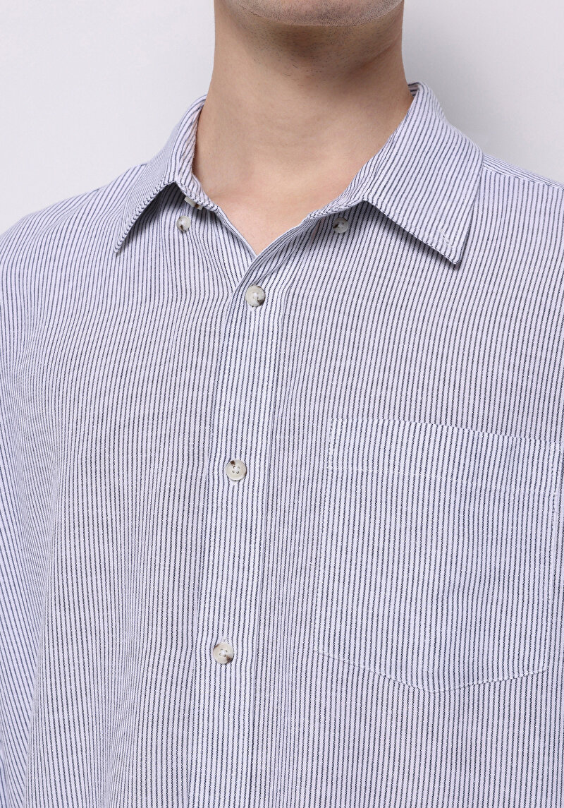 Regular Fit Shirt Neck Çizgili Erkek Lacivert Uzun Kol Gömlek