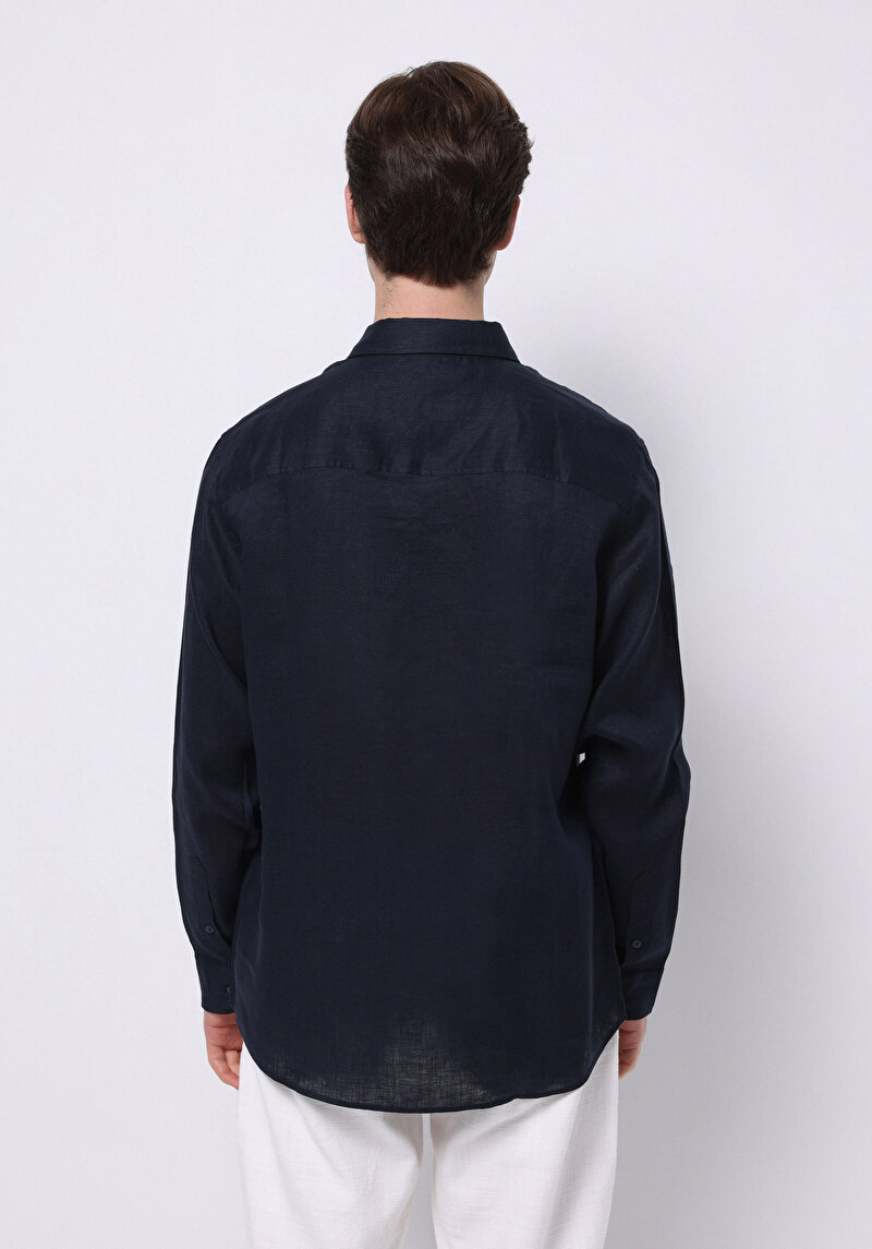 Regular Fit Shirt Neck Düz Erkek Lacivert Uzun Kol Gömlek