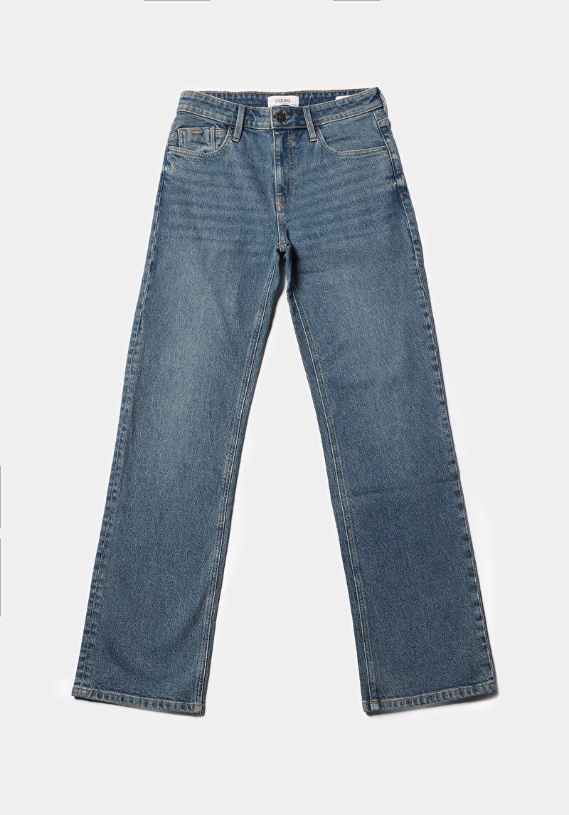 Straight Fit Orta Bel Tam Boy Paça Kadın İndigo Jean Pantolon