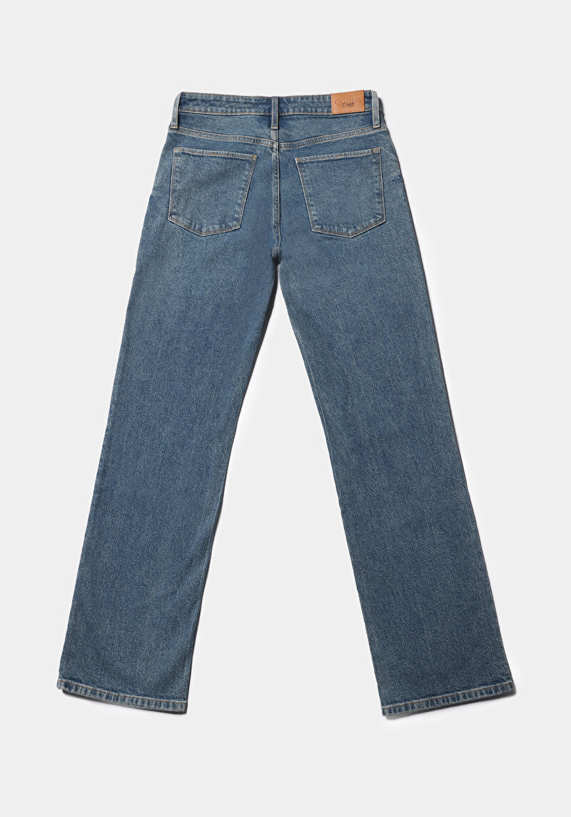 Straight Fit Orta Bel Tam Boy Paça Kadın İndigo Jean Pantolon