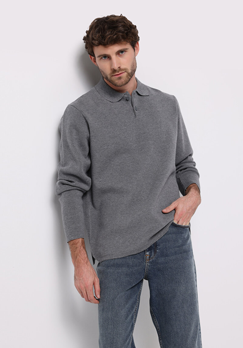 Regular Fit Polo Yaka Jakarlı Erkek Gri Kazak