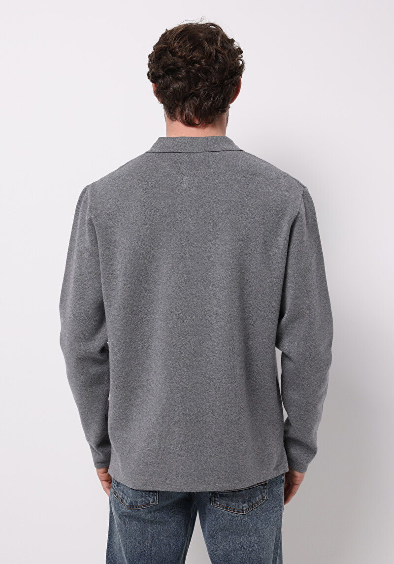 Regular Fit Polo Yaka Jakarlı Erkek Gri Kazak