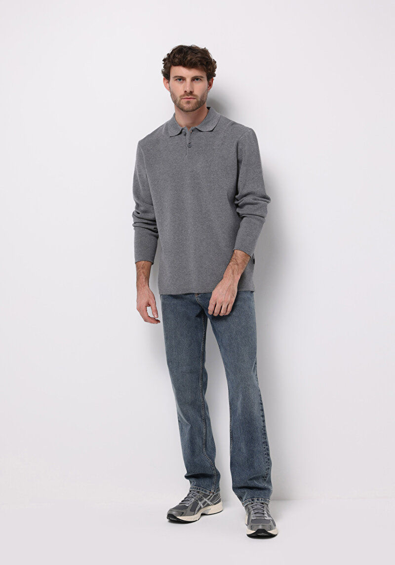 Regular Fit Polo Yaka Jakarlı Erkek Gri Kazak