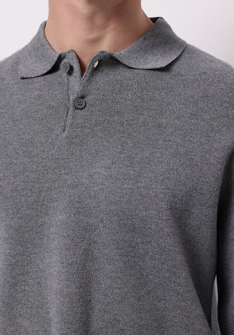 Regular Fit Polo Yaka Jakarlı Erkek Gri Kazak