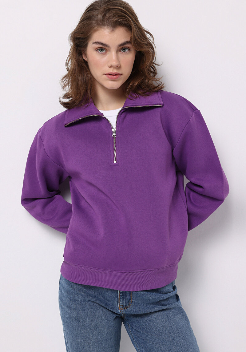 Regular Fit Fermuarlı Nakışlı Kadın Mor Sweatshirt
