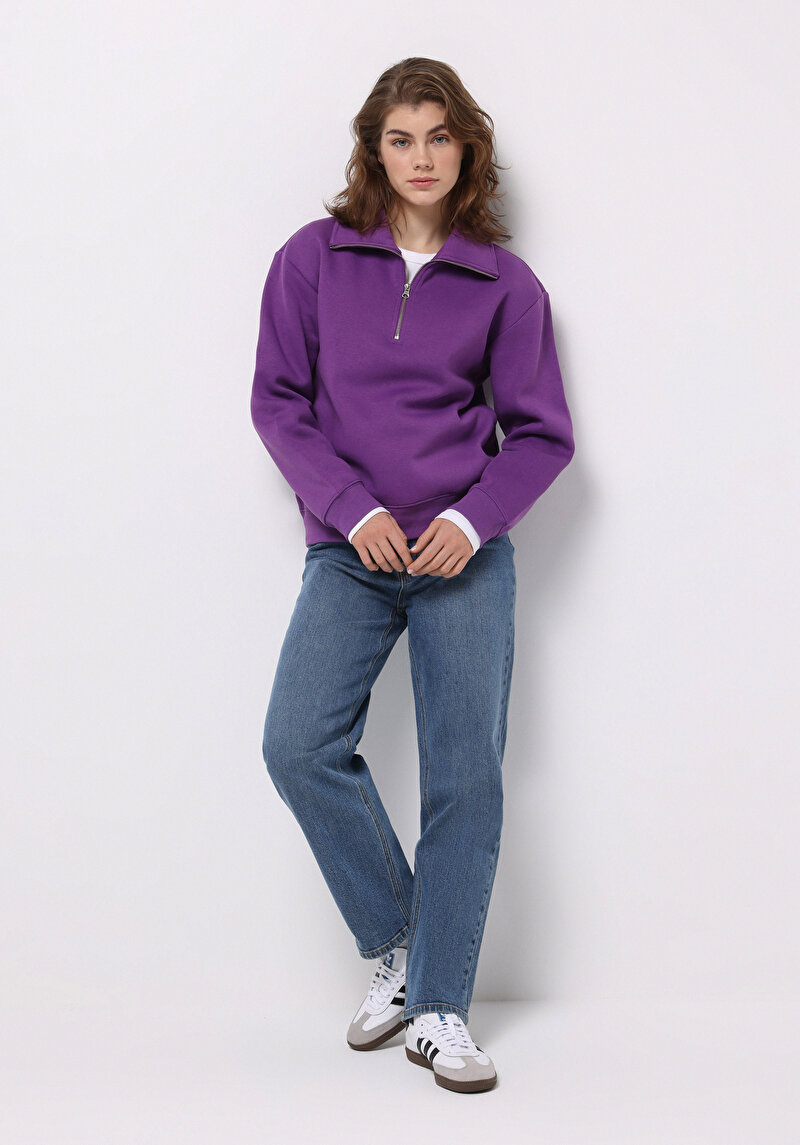 Regular Fit Fermuarlı Nakışlı Kadın Mor Sweatshirt