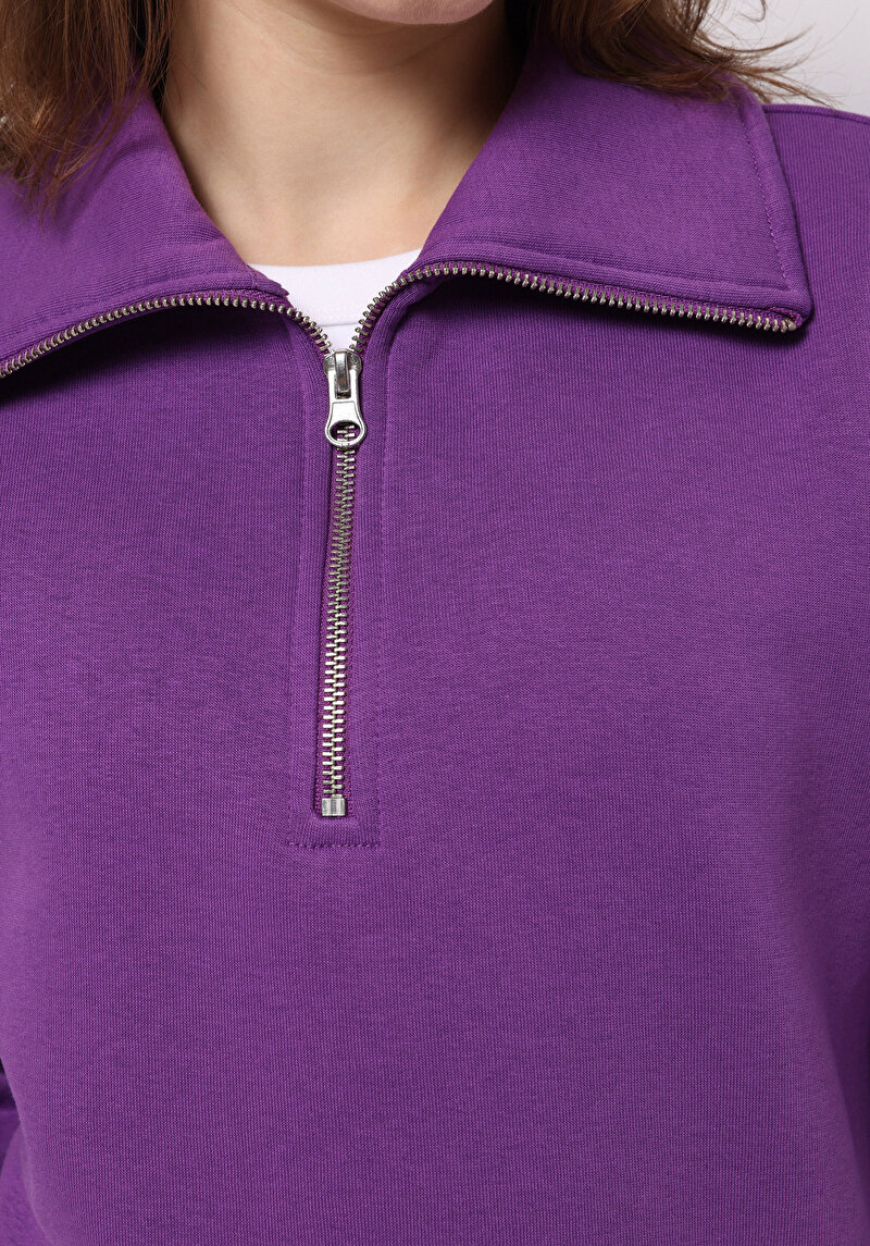 Regular Fit Fermuarlı Nakışlı Kadın Mor Sweatshirt