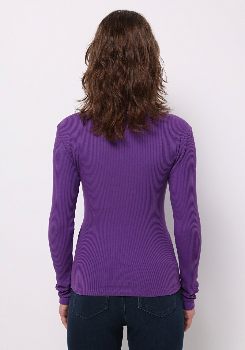 Slim Fit Yarım Balıkçı Yaka Düz Kadın Mor Tişört