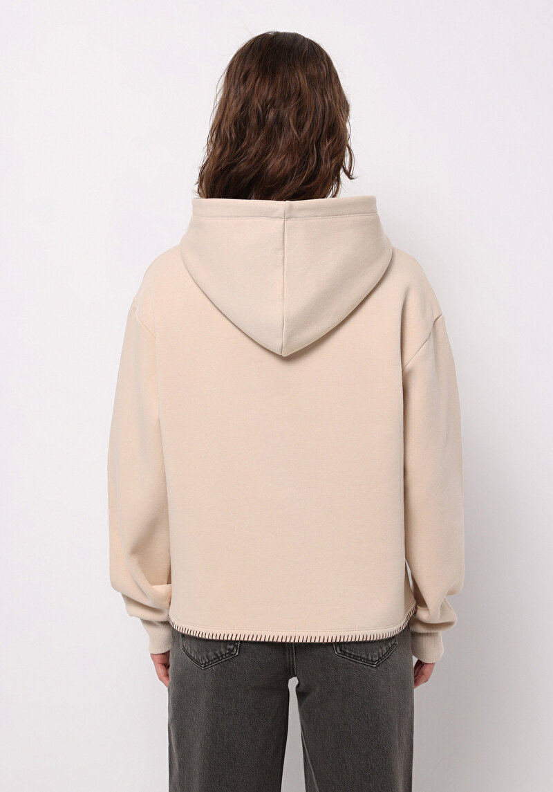 Regular Fit Kapüşonlu Düz Kadın Bej Sweatshirt
